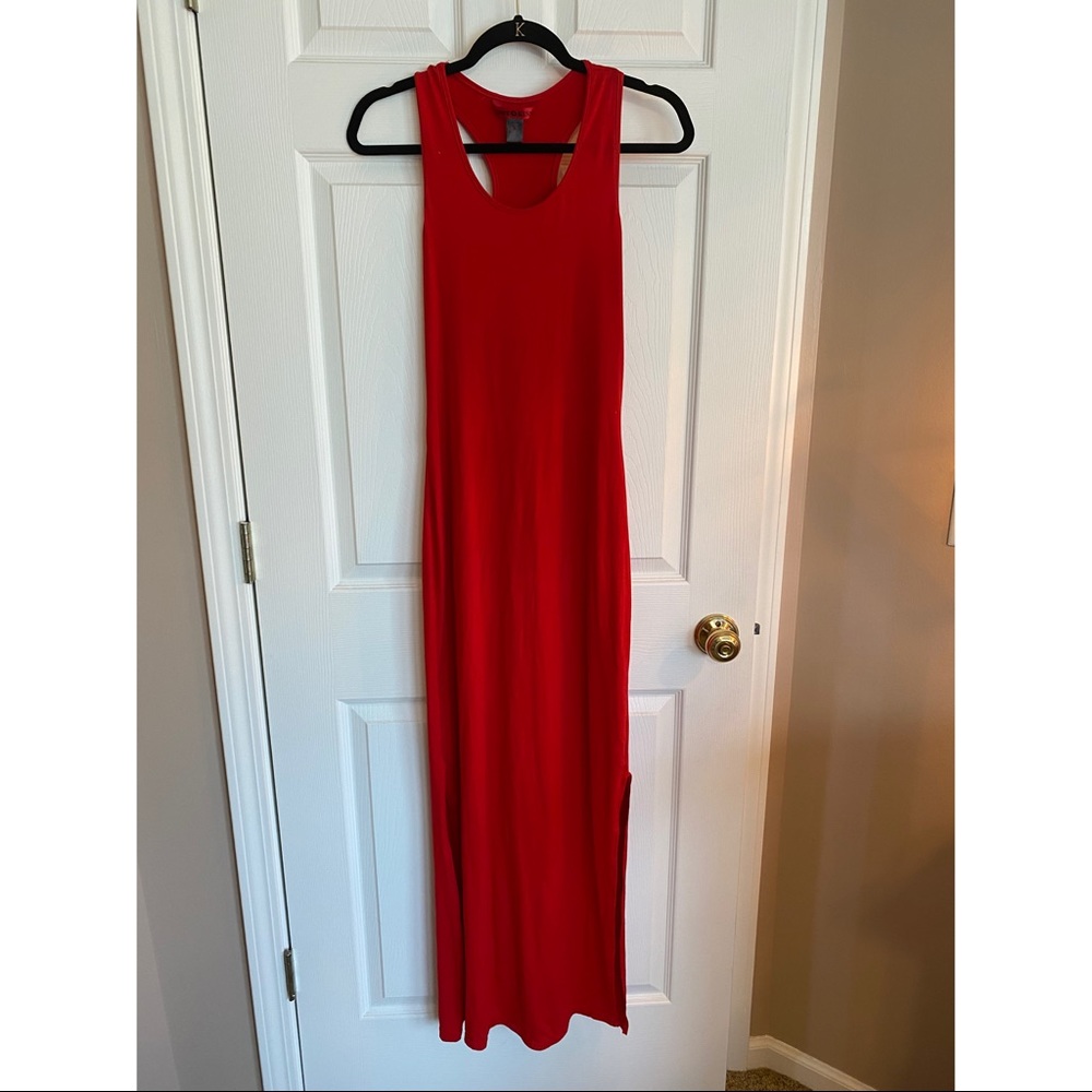 Red stretchy maxi-dress with side slits